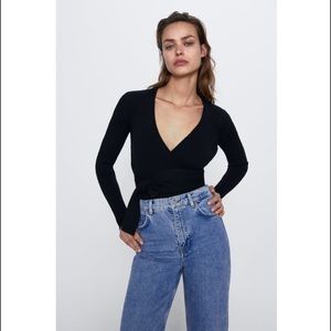 NWT Zara Ribbed Wrap Top with Tie in Black